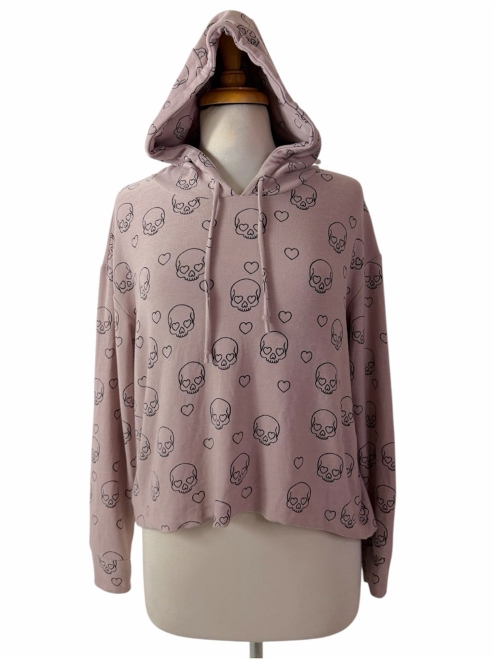 Chaser Skull Heart Graphic Cropped Hoodie Mauve Pink Black Pullover Small